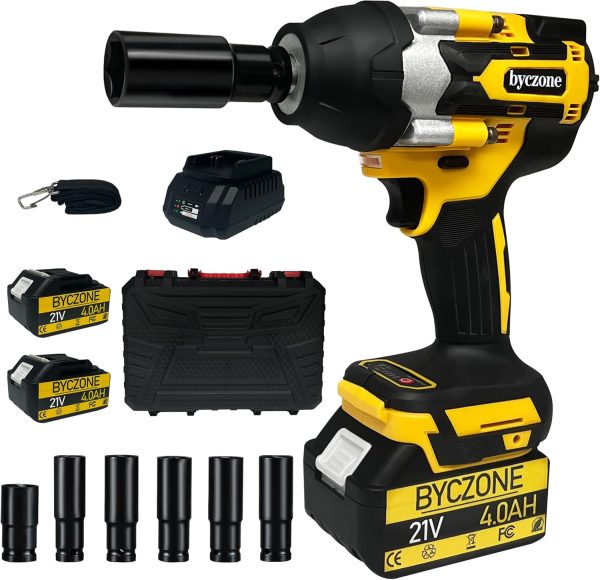 1000N.m(740Ft-lbs) Cordless Impact Wrench, 1/2 Inch High Torque Brushless 21V Impact Gun w/ 2 x 4.0Ah Battery & Fast Charger & 6 Sockets, Pistola De Impacto for Home Car Tires Truck Mower
